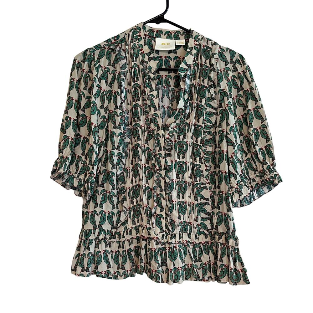 Maeve by Anthropologie Blouse Birdie Ruffled Button Down Cream Green Size 2 - Picture 2 of 11